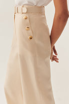 Exquise-Düz Kesim Uyumlu Kemerli Yüksek Bel Bej Pantolon-Pantolon-5-Milagron.com