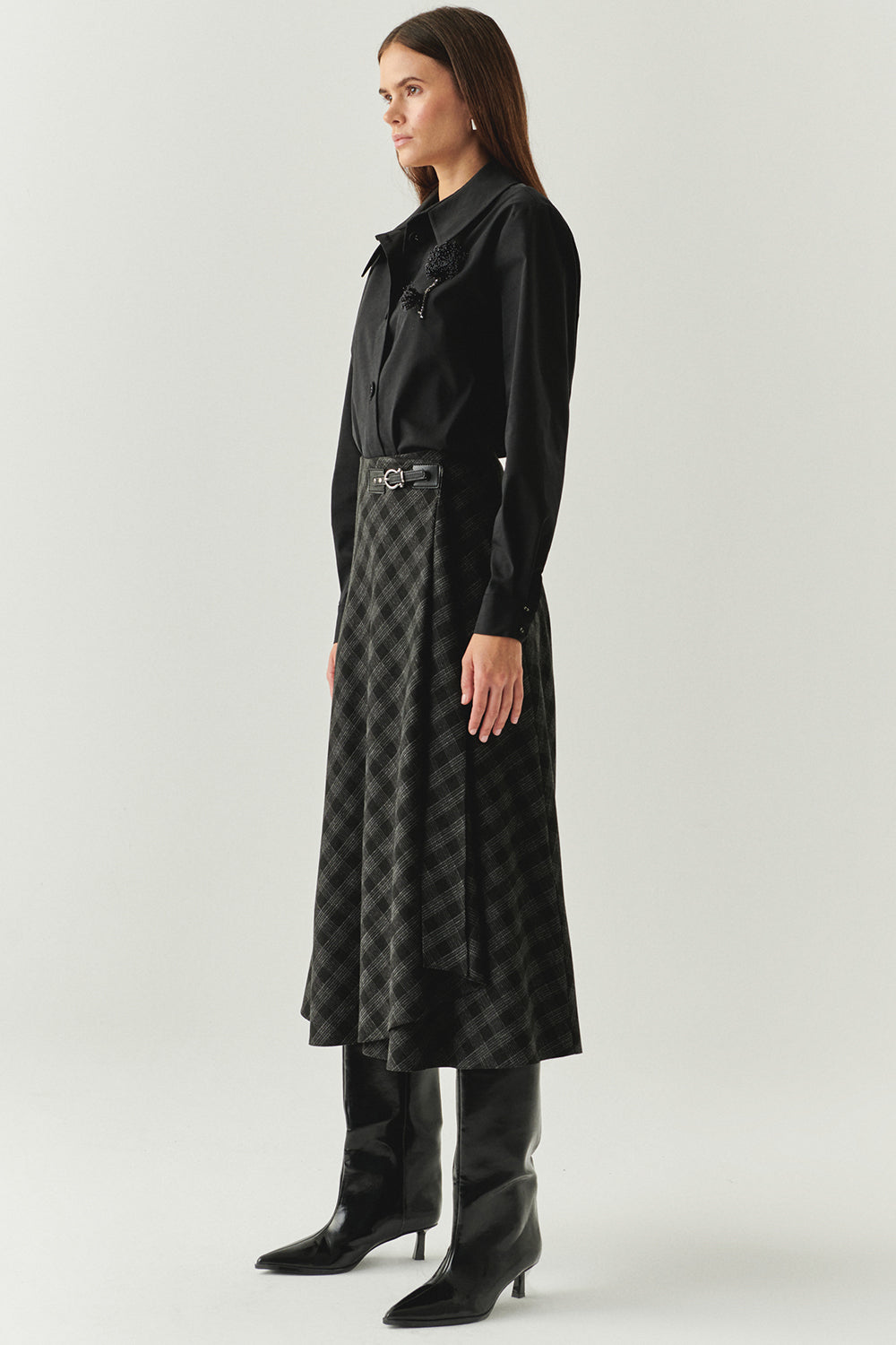 Exquise-Ekose Desenli Anvelop Regular Midi Antrasit Etek-ETEK-2-Milagron.com