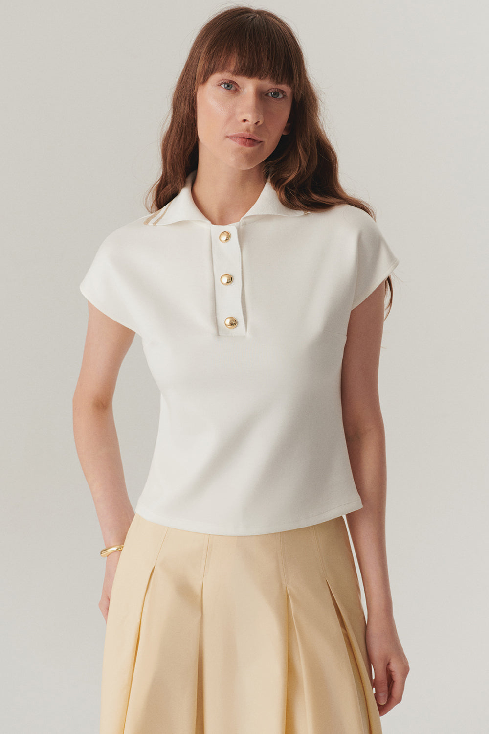 Exquise-Ekru Düğme Detaylı Polo Yaka Regular örme Tişört-T-Shirts-1-Milagron.com