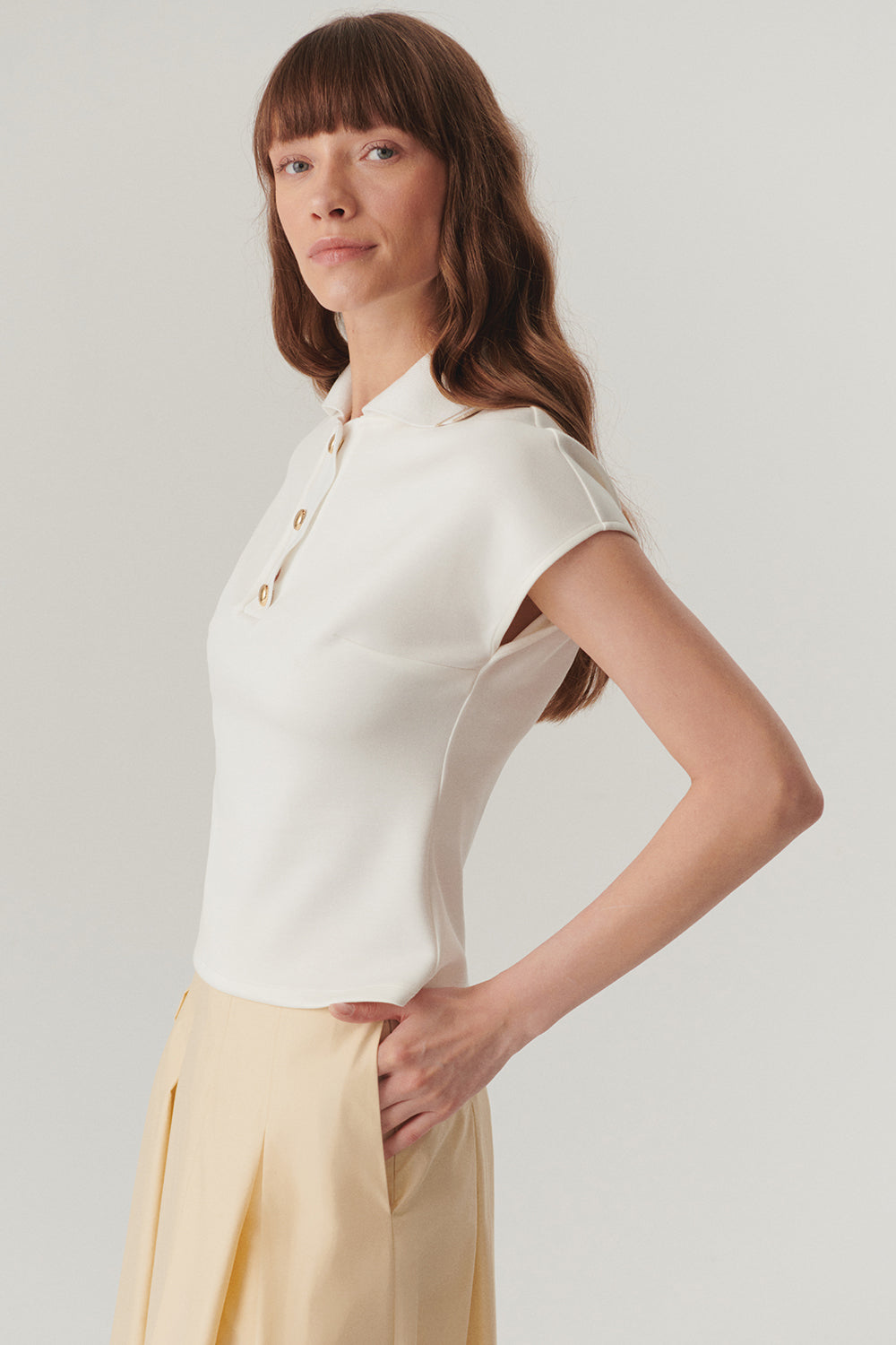 Exquise-Ekru Düğme Detaylı Polo Yaka Regular örme Tişört-T-Shirts-4-Milagron.com