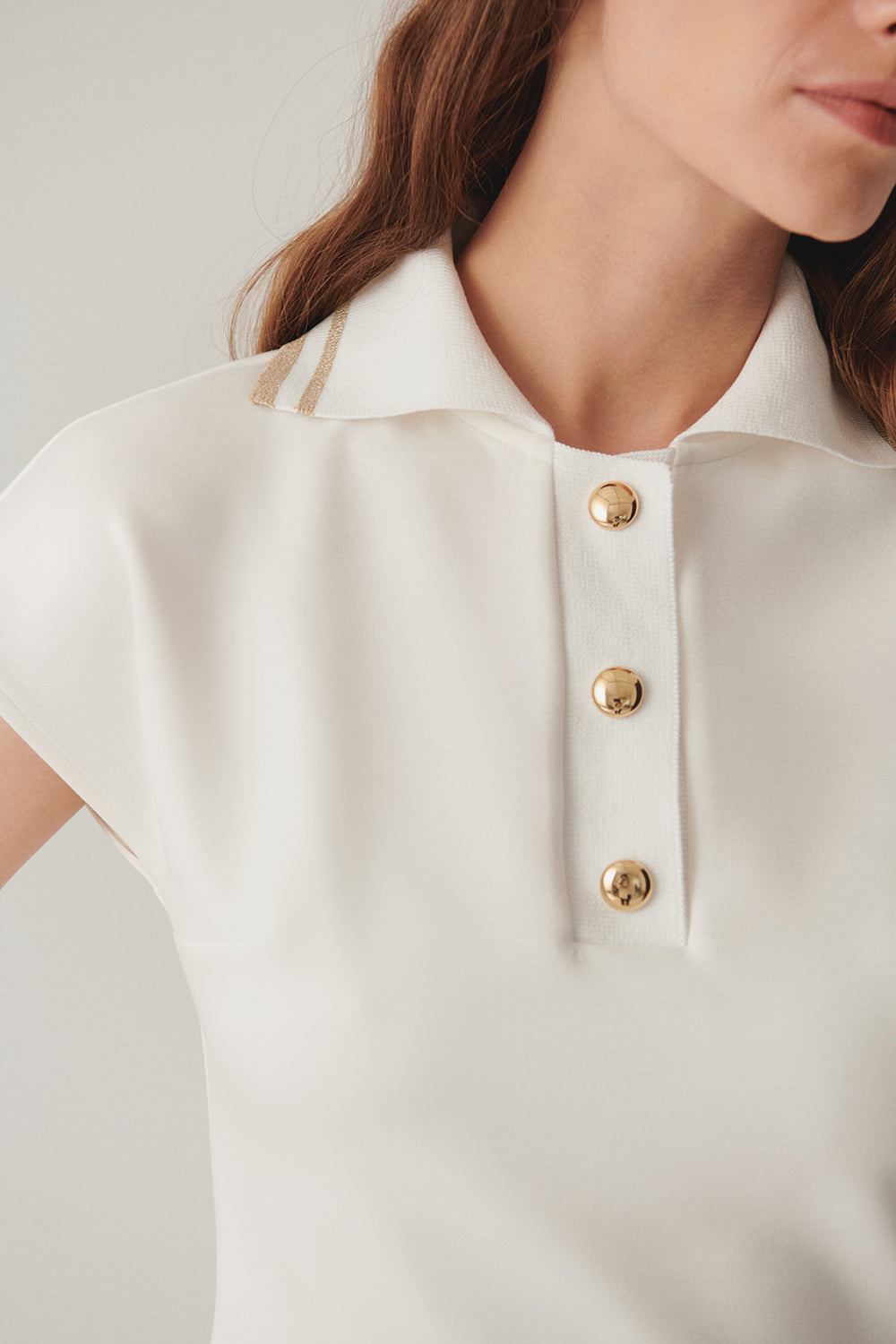 Exquise-Ekru Düğme Detaylı Polo Yaka Regular örme Tişört-T-Shirts-5-Milagron.com