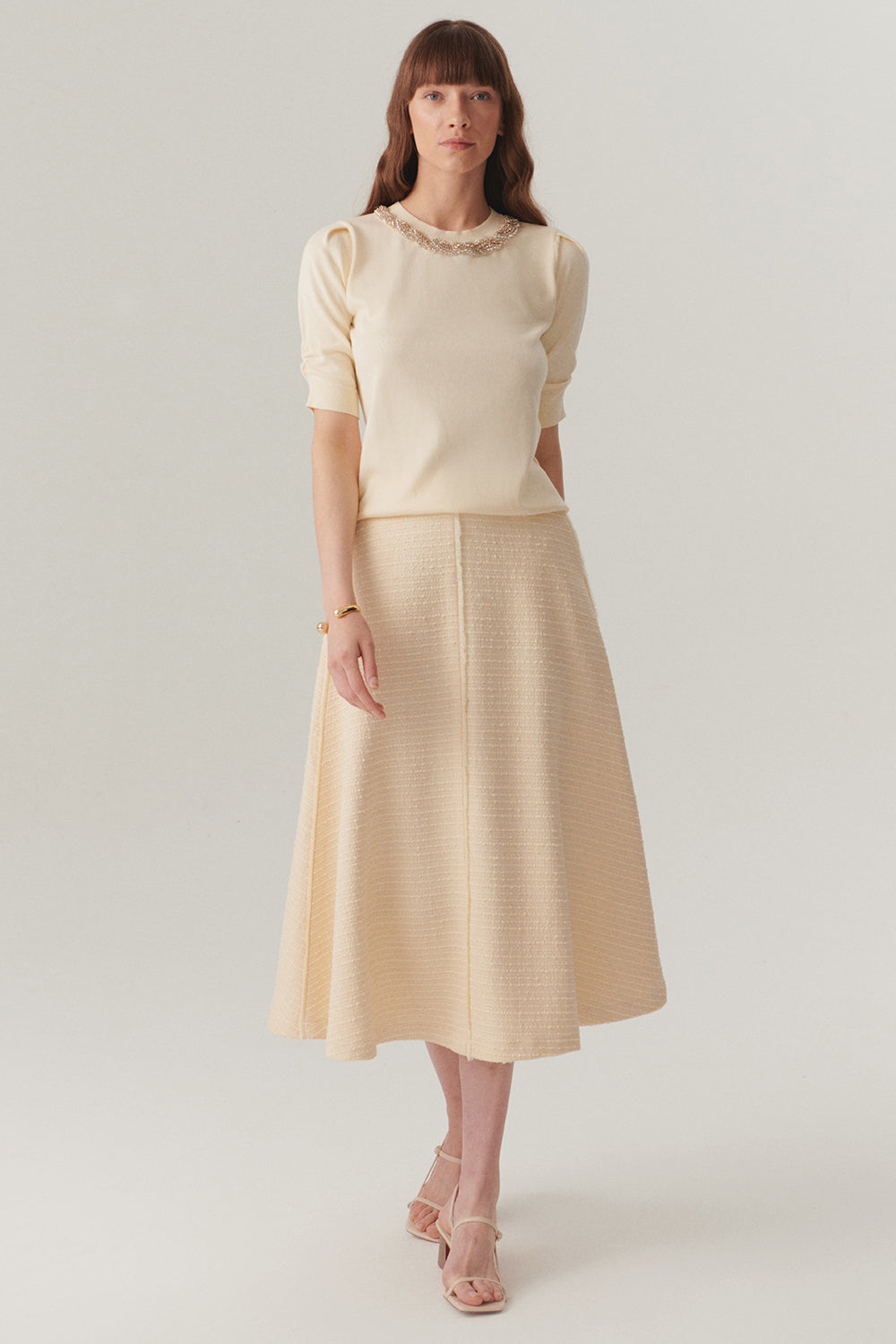 Exquise-Ekru Renk Dokulu Kumaş Diz Altı Kloş Etek-Etek-1-Milagron.com