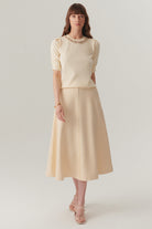 Exquise-Ekru Renk Dokulu Kumaş Diz Altı Kloş Etek-Etek-1-Milagron.com