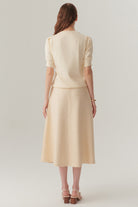 Exquise-Ekru Renk Dokulu Kumaş Diz Altı Kloş Etek-Etek-4-Milagron.com