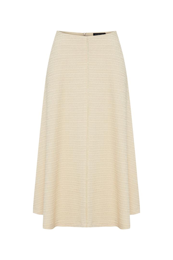 Exquise-Ekru Renk Dokulu Kumaş Diz Altı Kloş Etek-Etek-6-Milagron.com