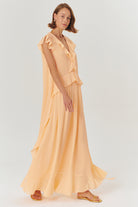 Exquise-Fırfıt Detaylı V Yaka Regular Somon Maxi Elbise-ELBİSE-2-Milagron.com