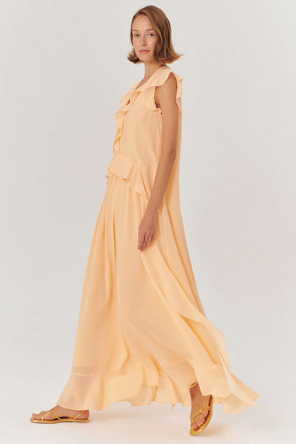 Exquise-Fırfıt Detaylı V Yaka Regular Somon Maxi Elbise-ELBİSE-3-Milagron.com