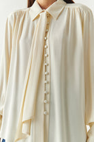 Exquise-Fular Detaylı Düğmeli Regular Uzun Kollu Viskon Ekru Gömlek-GÖMLEK-5-Milagron.com