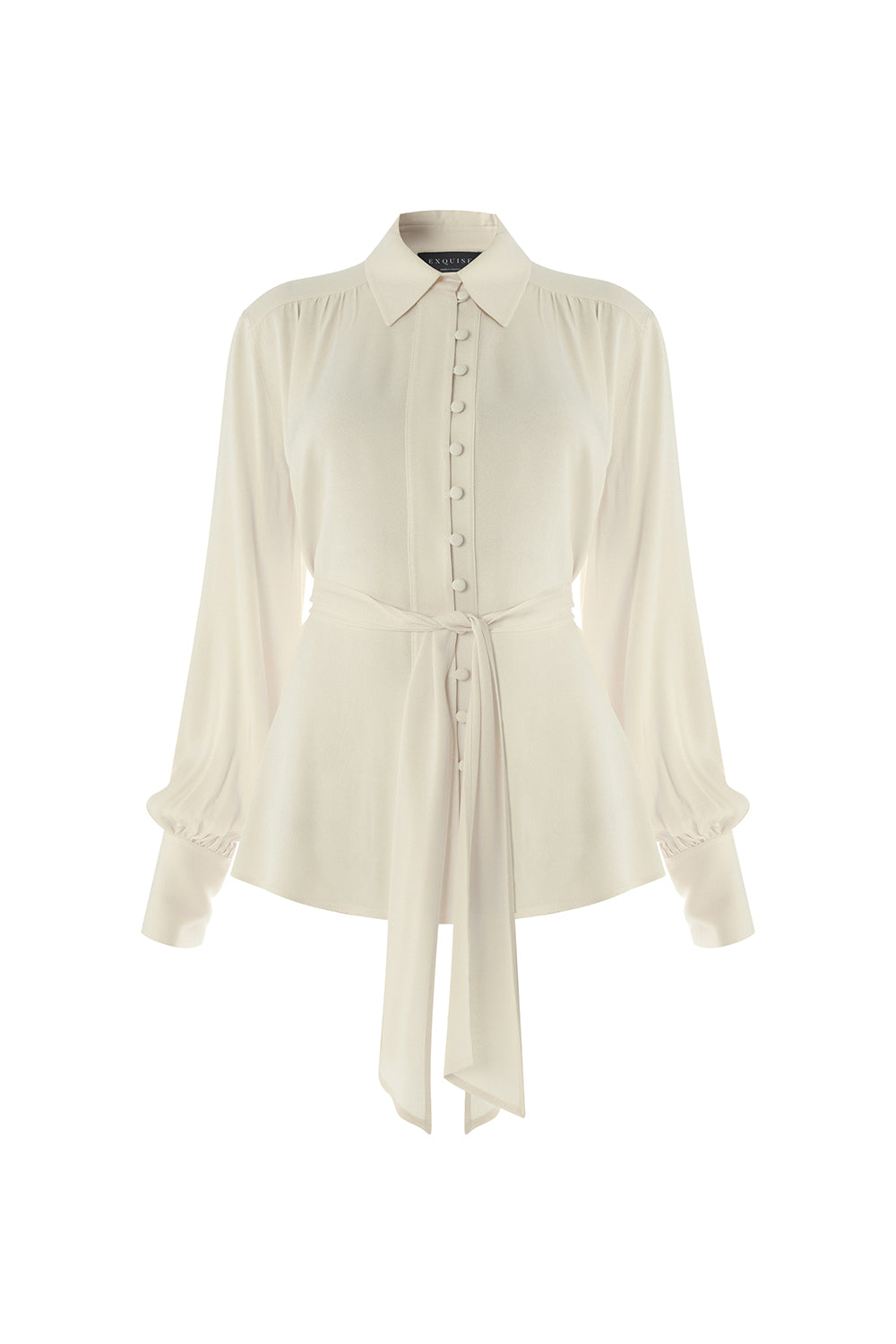 Exquise-Fular Detaylı Düğmeli Regular Uzun Kollu Viskon Ekru Gömlek-GÖMLEK-7-Milagron.com