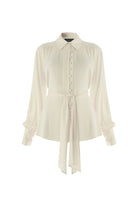 Exquise-Fular Detaylı Düğmeli Regular Uzun Kollu Viskon Ekru Gömlek-GÖMLEK-7-Milagron.com