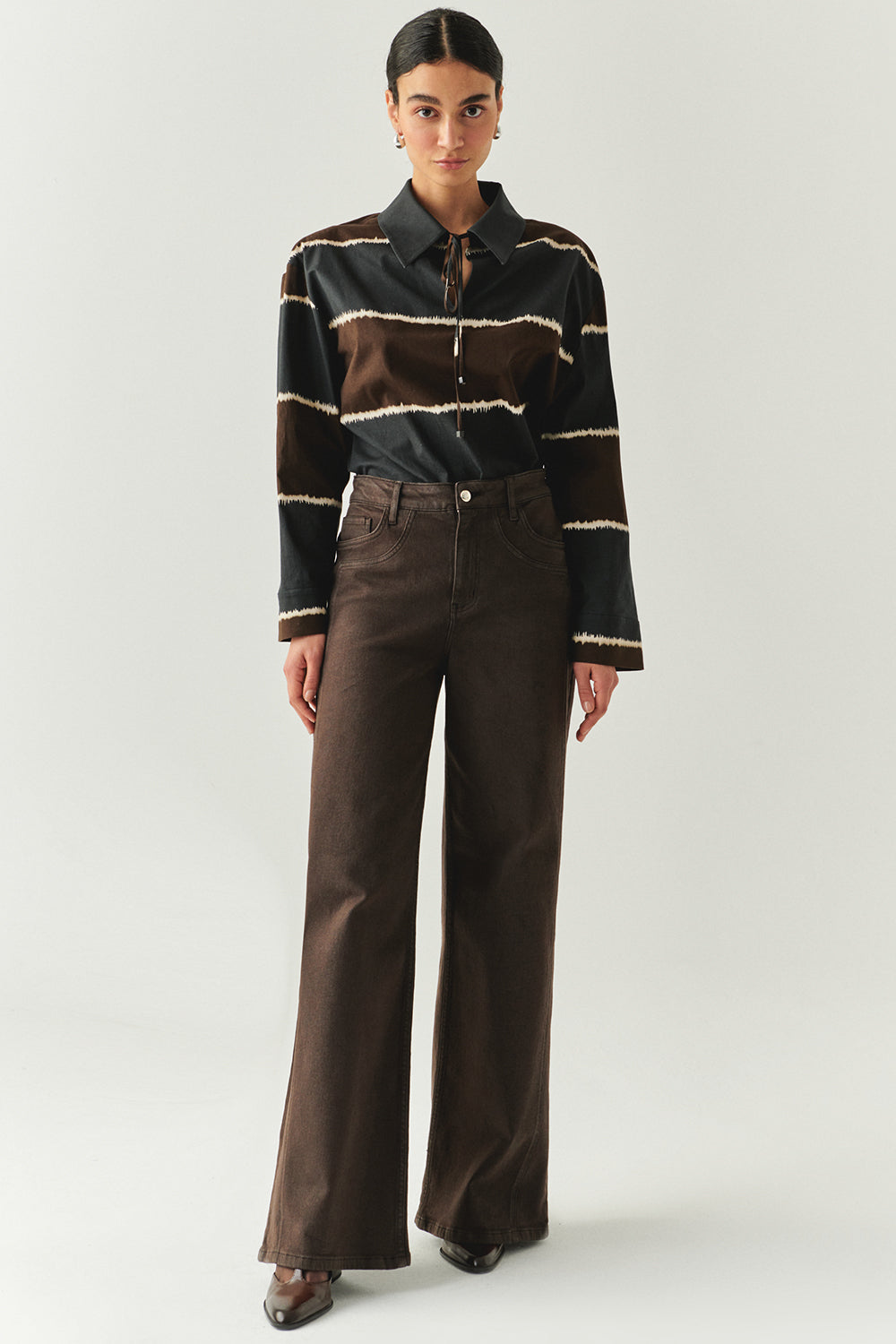 Exquise-Geniş Paça Cepli Yüksek Bel Regular Kahve Denim Pantolon-JEAN-1-Milagron.com