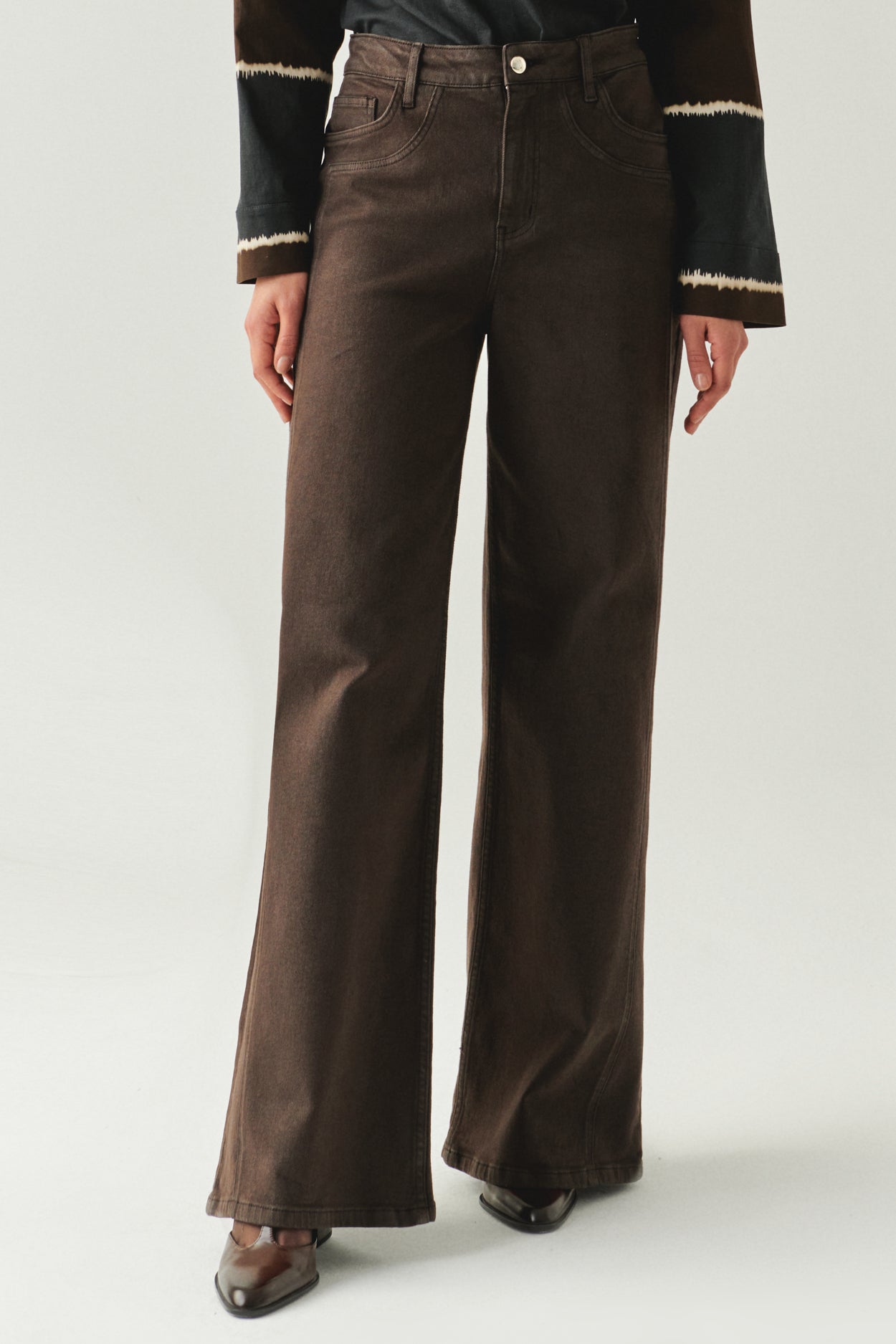 Exquise-Geniş Paça Cepli Yüksek Bel Regular Kahve Denim Pantolon-JEAN-4-Milagron.com