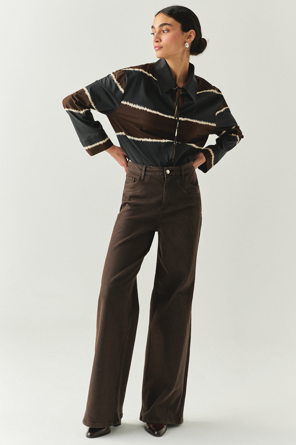 Exquise-Geniş Paça Cepli Yüksek Bel Regular Kahve Denim Pantolon-JEAN-5-Milagron.com