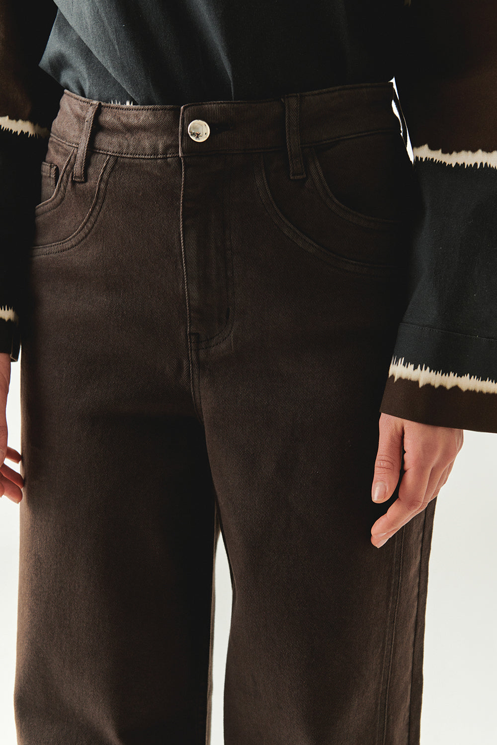 Exquise-Geniş Paça Cepli Yüksek Bel Regular Kahve Denim Pantolon-JEAN-6-Milagron.com