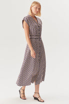 Exquise-Geometrik Desenli Bel Detaylı Midi Gömlek Elbise-ELBİSE-3-Milagron.com