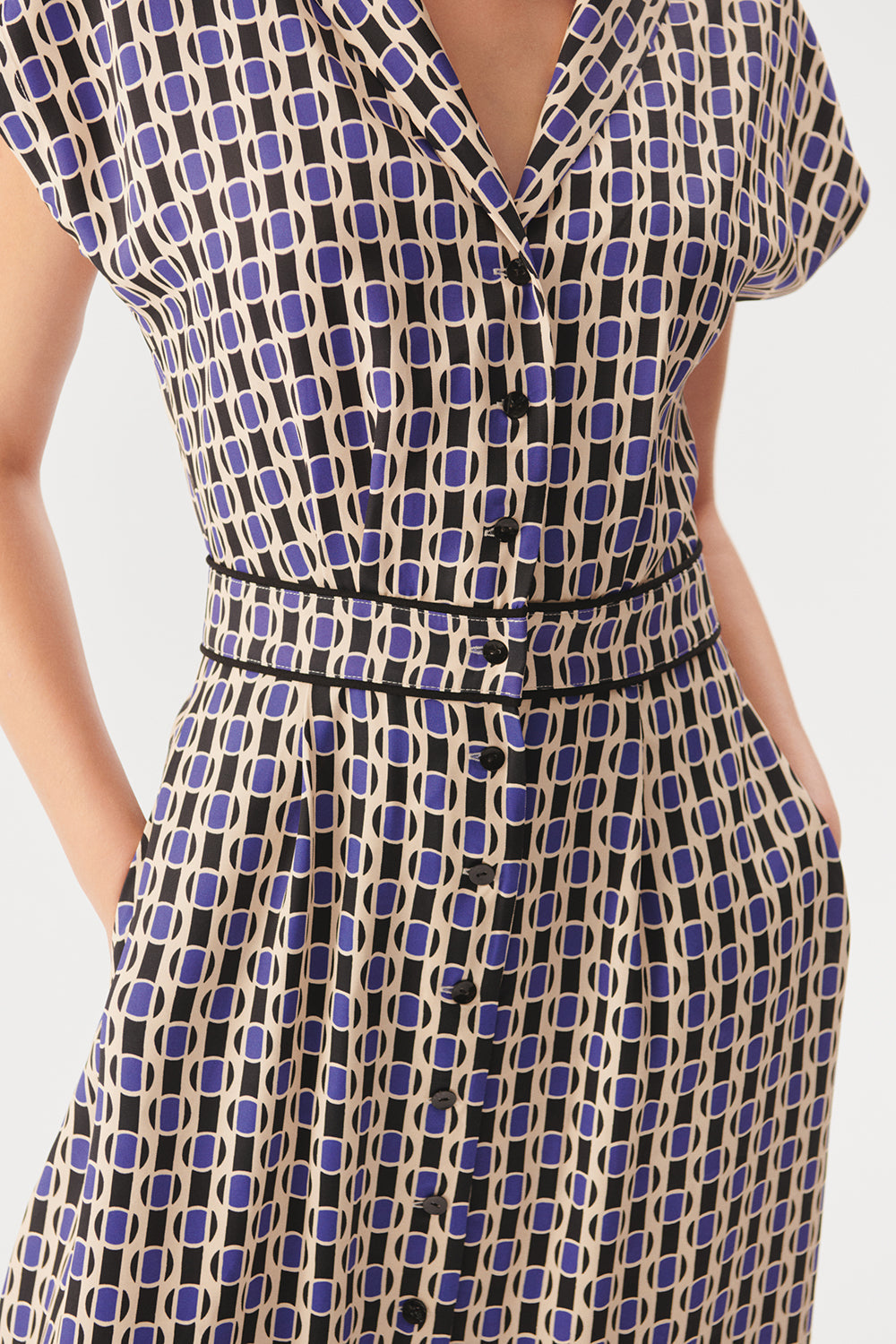 Exquise-Geometrik Desenli Bel Detaylı Midi Gömlek Elbise-ELBİSE-5-Milagron.com