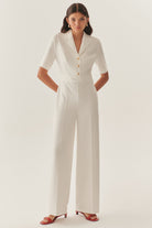 Exquise-Gold Düğme Detaylı Kruvaze Yaka Regular Beyaz Tulum-TULUM-1-Milagron.com