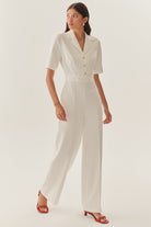 Exquise-Gold Düğme Detaylı Kruvaze Yaka Regular Beyaz Tulum-TULUM-3-Milagron.com