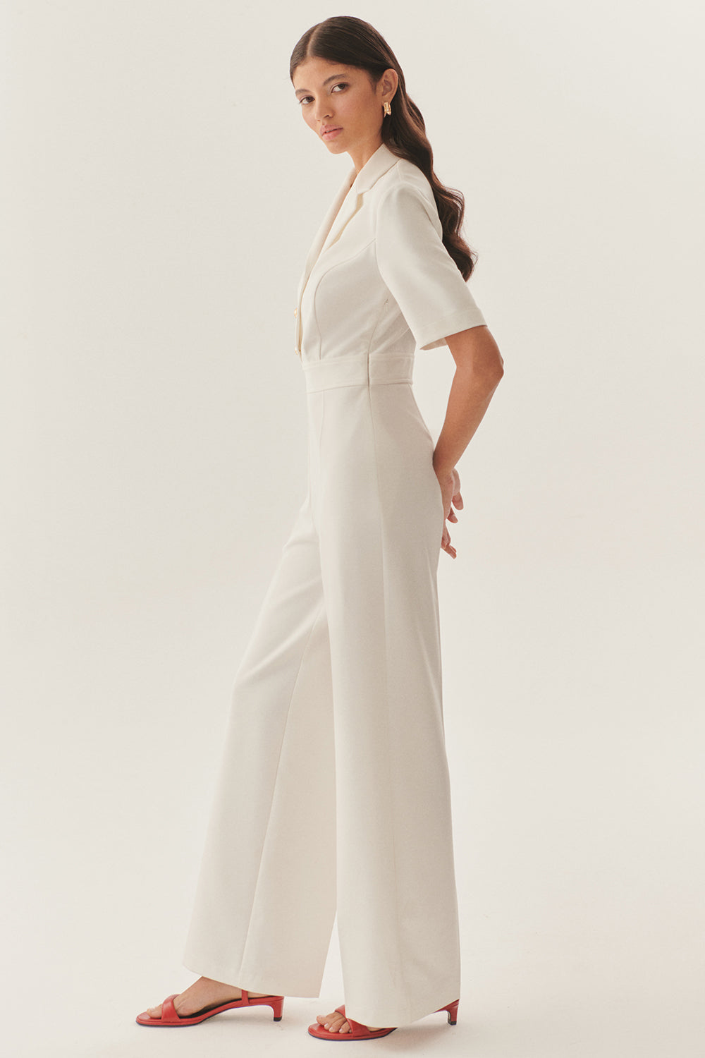 Exquise-Gold Düğme Detaylı Kruvaze Yaka Regular Beyaz Tulum-TULUM-4-Milagron.com