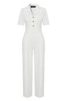 Exquise-Gold Düğme Detaylı Kruvaze Yaka Regular Beyaz Tulum-TULUM-6-Milagron.com