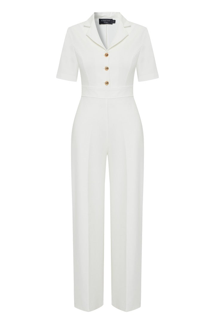 Exquise-Gold Düğme Detaylı Kruvaze Yaka Regular Beyaz Tulum-TULUM-6-Milagron.com