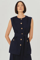 Exquise-Gold Düğme Detaylı Kuşaklı Dokulu Kumaş Cepli Slim Fit Lacivert Yelek-Yelek-1-Milagron.com