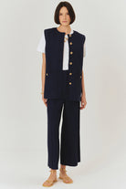 Exquise-Gold Düğme Detaylı Kuşaklı Dokulu Kumaş Cepli Slim Fit Lacivert Yelek-Yelek-2-Milagron.com