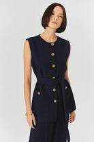 Exquise-Gold Düğme Detaylı Kuşaklı Dokulu Kumaş Cepli Slim Fit Lacivert Yelek-Yelek-3-Milagron.com