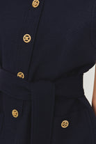 Exquise-Gold Düğme Detaylı Kuşaklı Dokulu Kumaş Cepli Slim Fit Lacivert Yelek-Yelek-4-Milagron.com