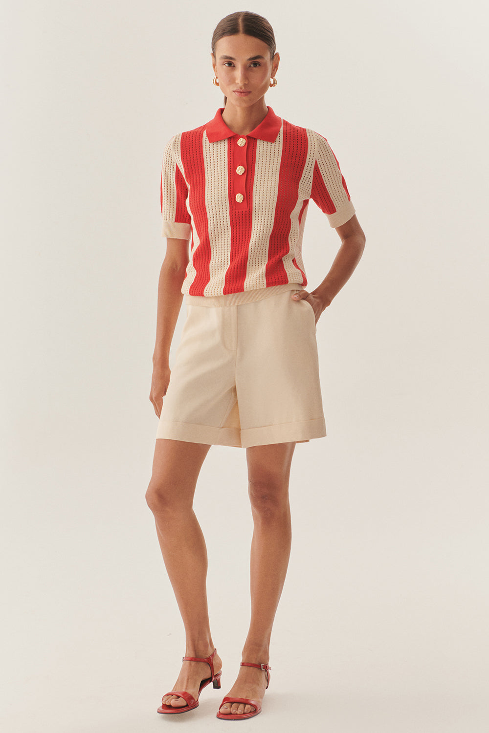 Exquise-Gold Düğme Detaylı Polo Yaka Triko Bluz-BLUZ-2-Milagron.com