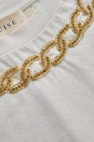 Exquise-Gold İşleme Beyaz Bisiklet Yaka Regular Pamuklu örme Tişört-T-Shirts-7-Milagron.com