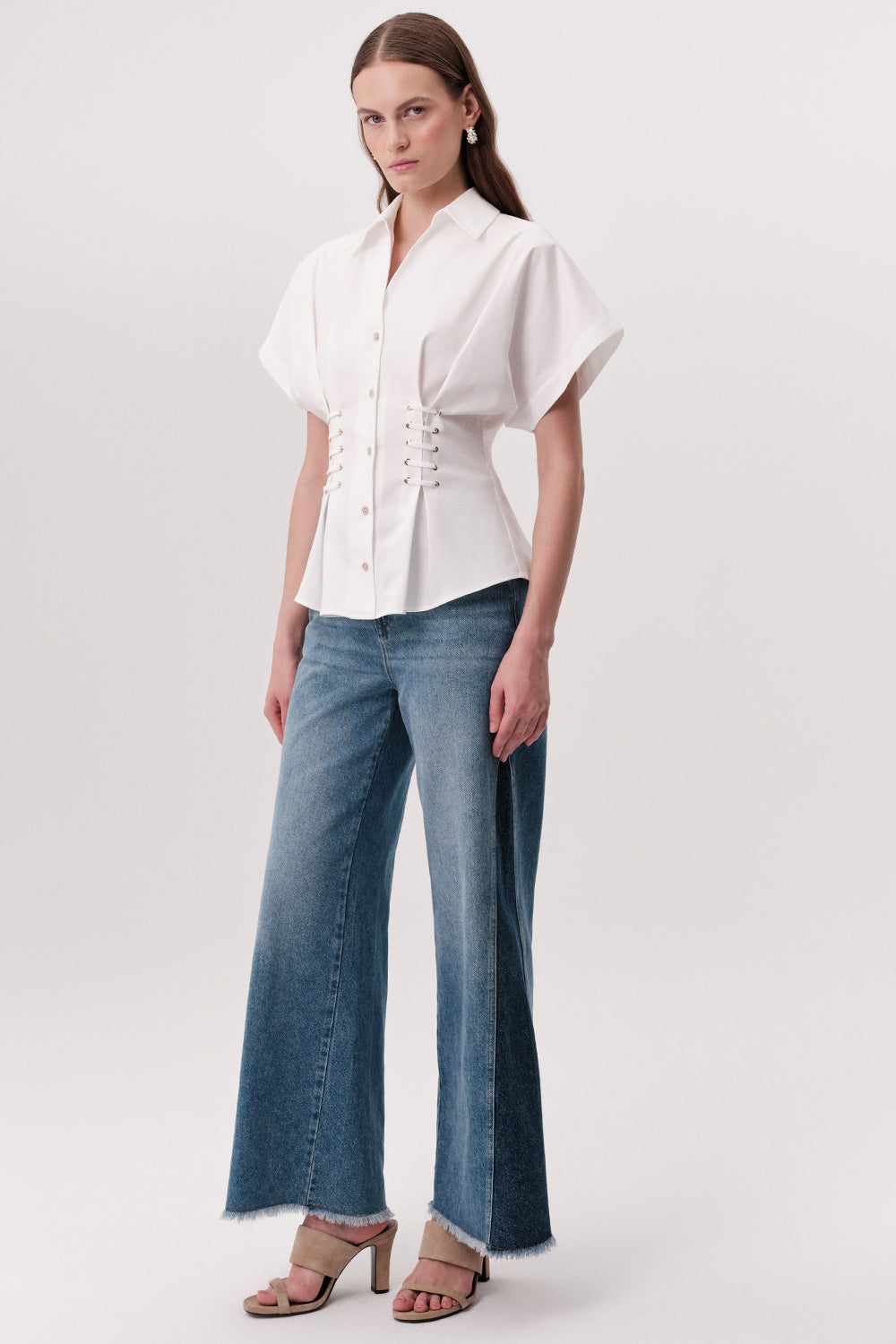 Gömlek Yaka Bağcık Detaylı Bele Oturan Regular Ekru Gömlek