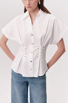 Gömlek Yaka Bağcık Detaylı Bele Oturan Regular Ekru Gömlek