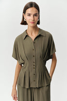 Gömlek Yaka Bele Oturan Düğmeli Regular Krinkle Haki Gömlek