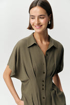 Gömlek Yaka Bele Oturan Düğmeli Regular Krinkle Haki Gömlek