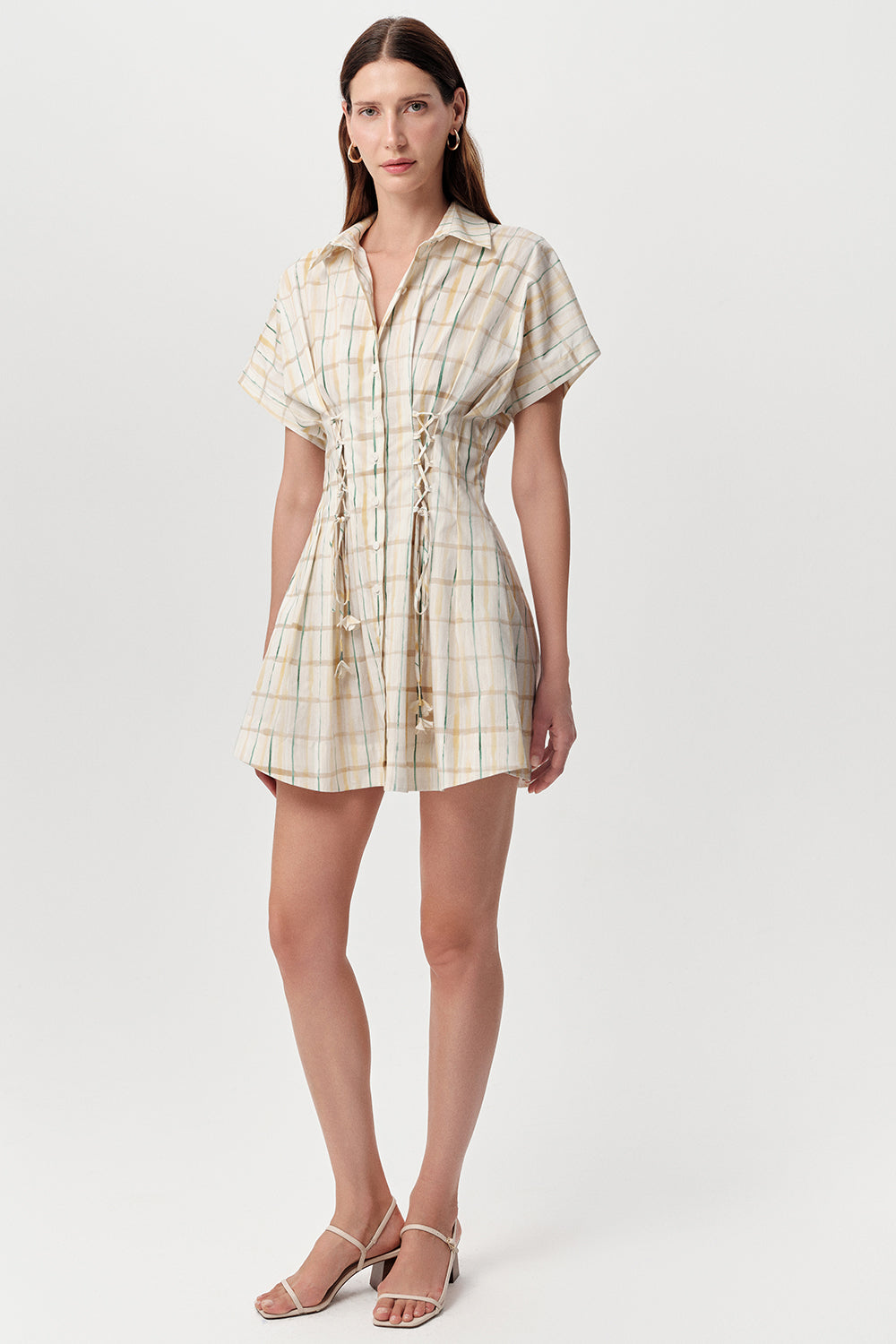 Gömlek Yaka Bele Oturan Kısa Kollu Regular Mini Çok Renkli Elbise