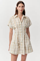 Gömlek Yaka Bele Oturan Kısa Kollu Regular Mini Çok Renkli Elbise