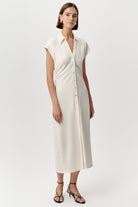 Gömlek Yaka Beli Büzgülü Düğmeli Midi Slim Fit Örme Kemik Elbise