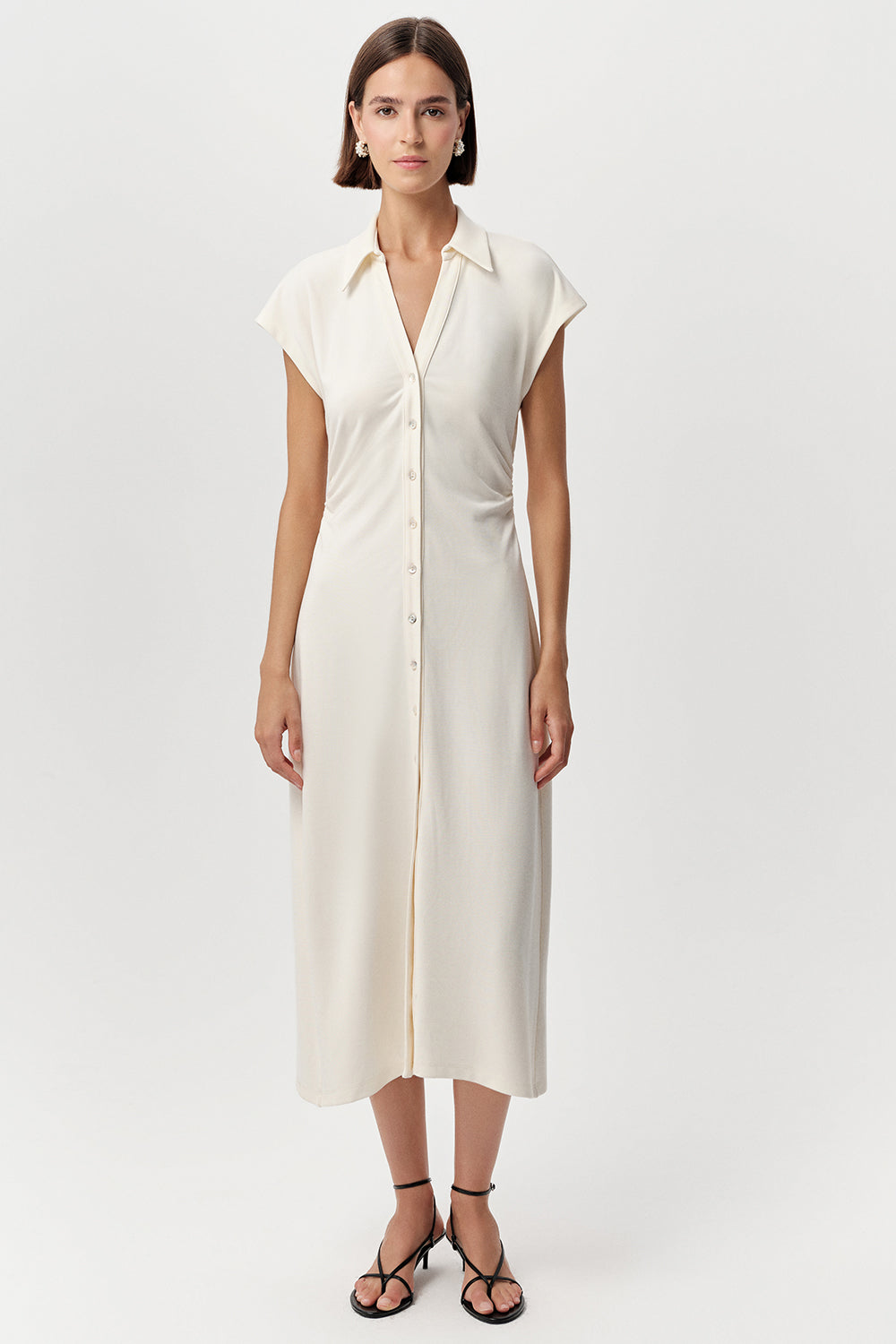 Gömlek Yaka Beli Büzgülü Düğmeli Midi Slim Fit Örme Kemik Elbise