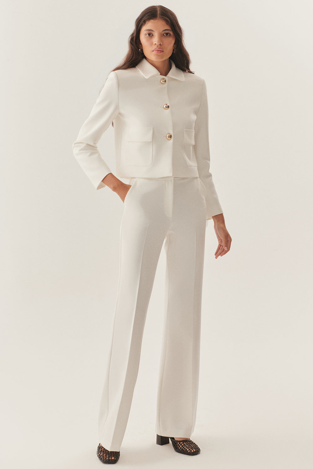 Exquise-Gömlek Yaka Cepli Regular Fit Kısa Beyaz Ceket-Ceket-1-Milagron.com