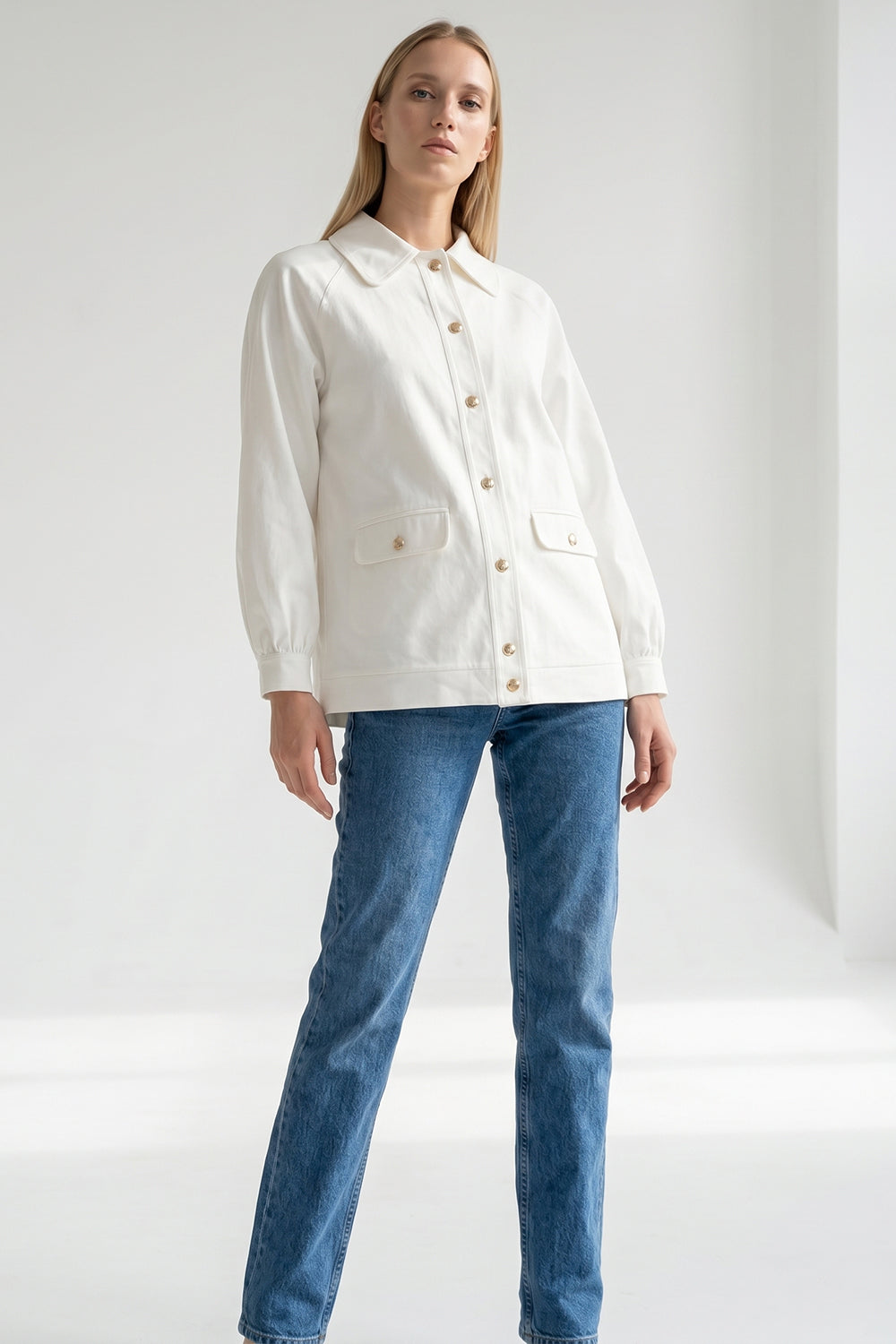 Gömlek Yaka Çıtçıtlı Uzun Kollu Cepli Regular Ekru Ceket