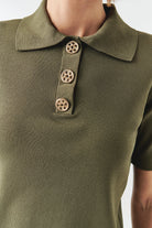 Exquise-Gömlek Yaka Düğmeli Kısa Kollu Slim Fit Haki Triko Bluz-BLUZ-5-Milagron.com