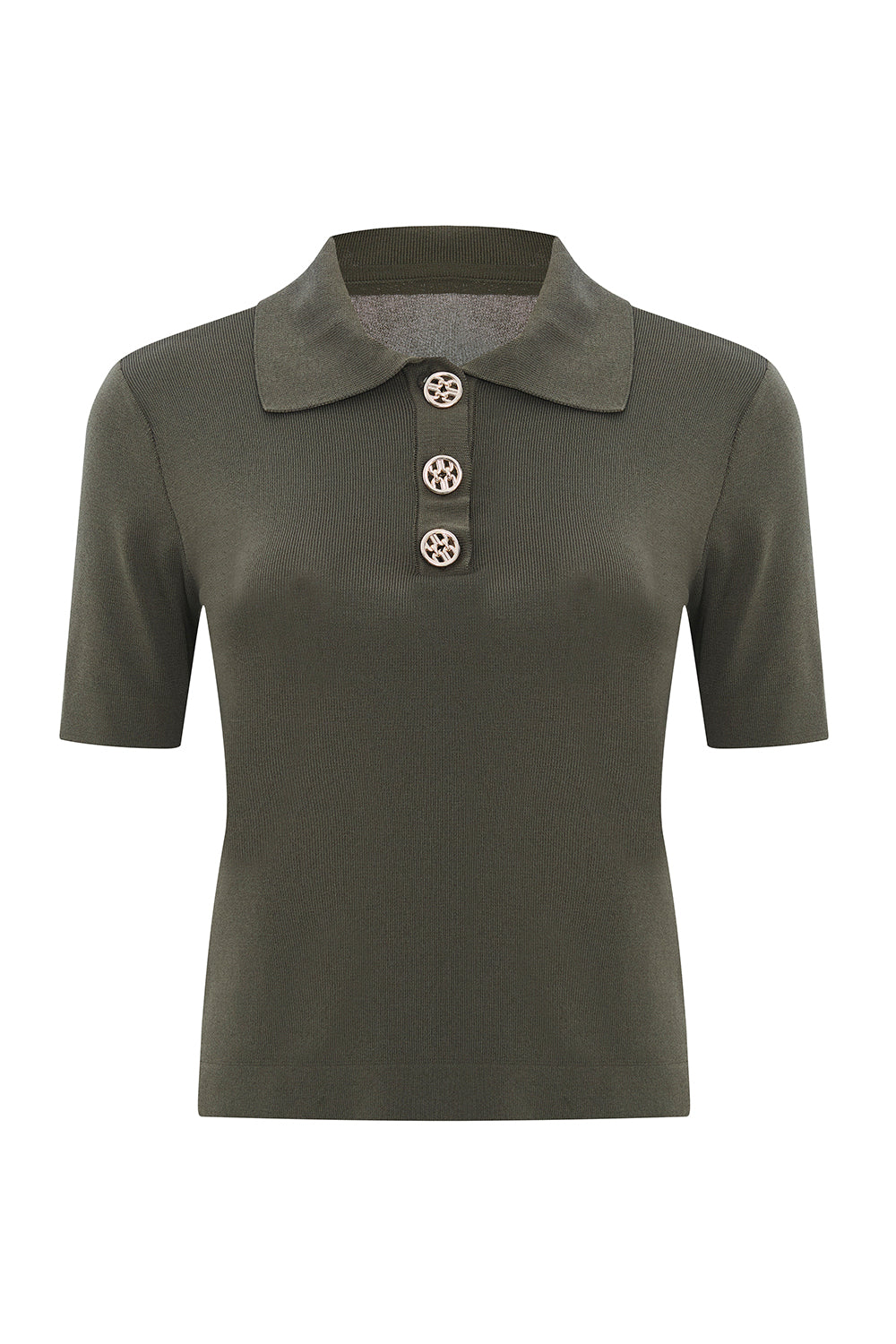 Exquise-Gömlek Yaka Düğmeli Kısa Kollu Slim Fit Haki Triko Bluz-BLUZ-6-Milagron.com