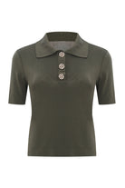 Exquise-Gömlek Yaka Düğmeli Kısa Kollu Slim Fit Haki Triko Bluz-BLUZ-6-Milagron.com