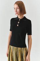 Exquise-Gömlek Yaka Düğmeli Kısa Kollu Slim Fit Siyah Triko Bluz-BLUZ-3-Milagron.com