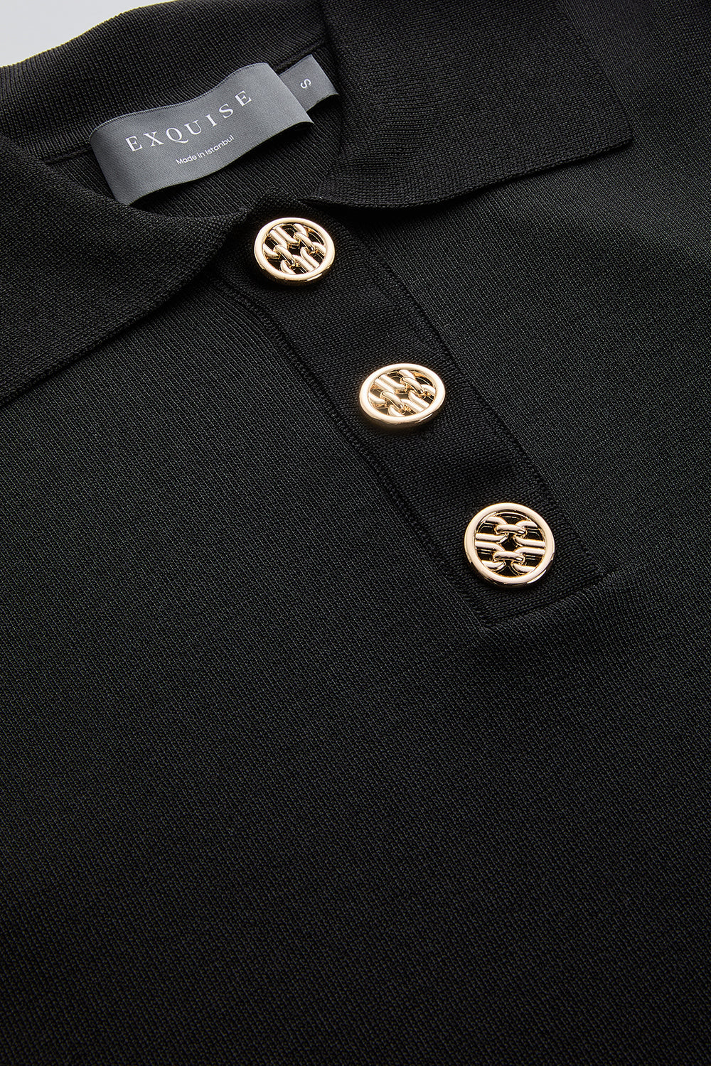 Exquise-Gömlek Yaka Düğmeli Kısa Kollu Slim Fit Siyah Triko Bluz-BLUZ-5-Milagron.com