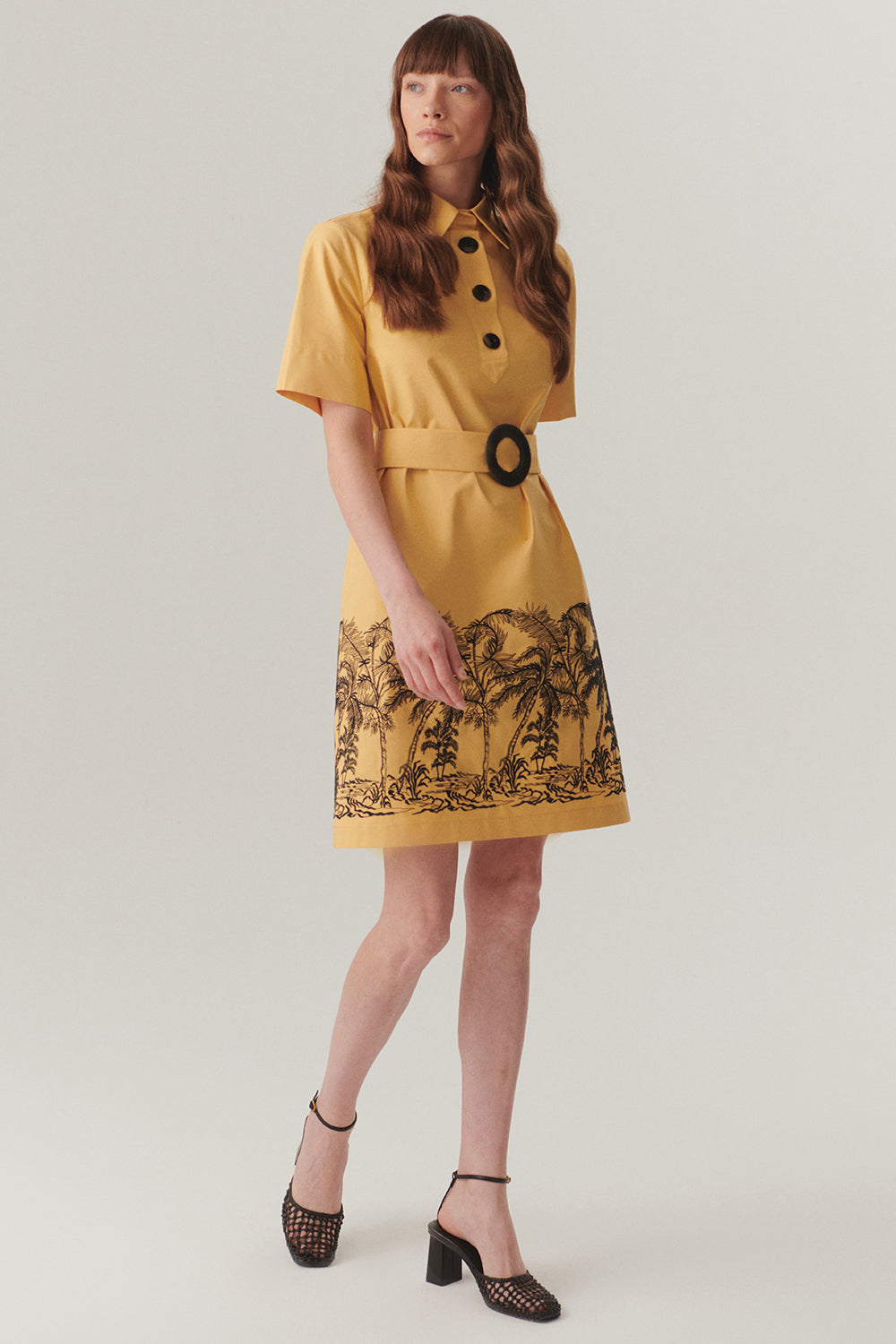 Exquise-Gömlek Yaka Kemerli Etek Uçları Desenli Pamuklu Diz üstü Elbise-ELBİSE-2-Milagron.com