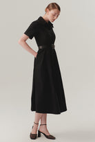 Exquise-Gömlek Yaka Kısa Kol Bele Oturan Kemerli Midi Boy Siyah Elbise-ELBİSE-3-Milagron.com