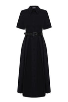 Exquise-Gömlek Yaka Kısa Kol Bele Oturan Kemerli Midi Boy Siyah Elbise-ELBİSE-6-Milagron.com