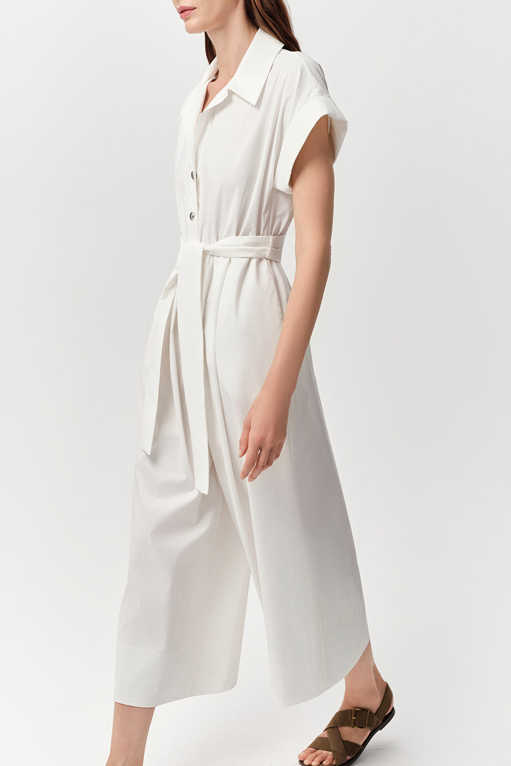 Gömlek Yaka Kısa Kollu Cepli Kuşaklı Midi Regular Kemik Tulum